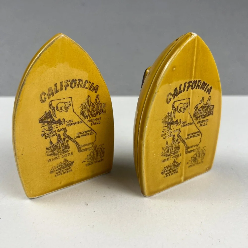 Vintage California Flat Iron Salt and Pepper Shakers Yellow Ceramic Set Souvenir
